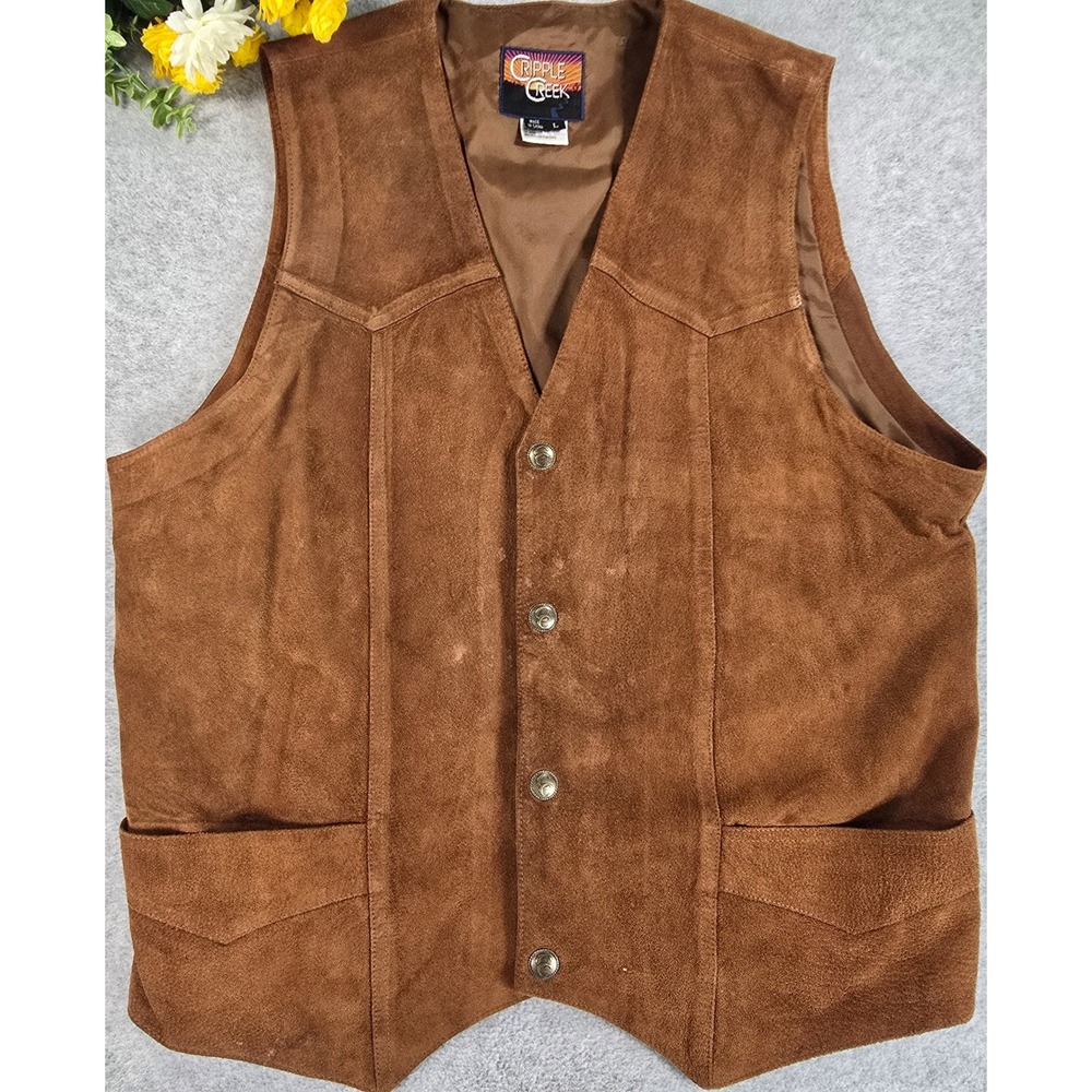 Cripple Creek Leather Vest Mens L Brown Western Suede Snap Front Southwestern